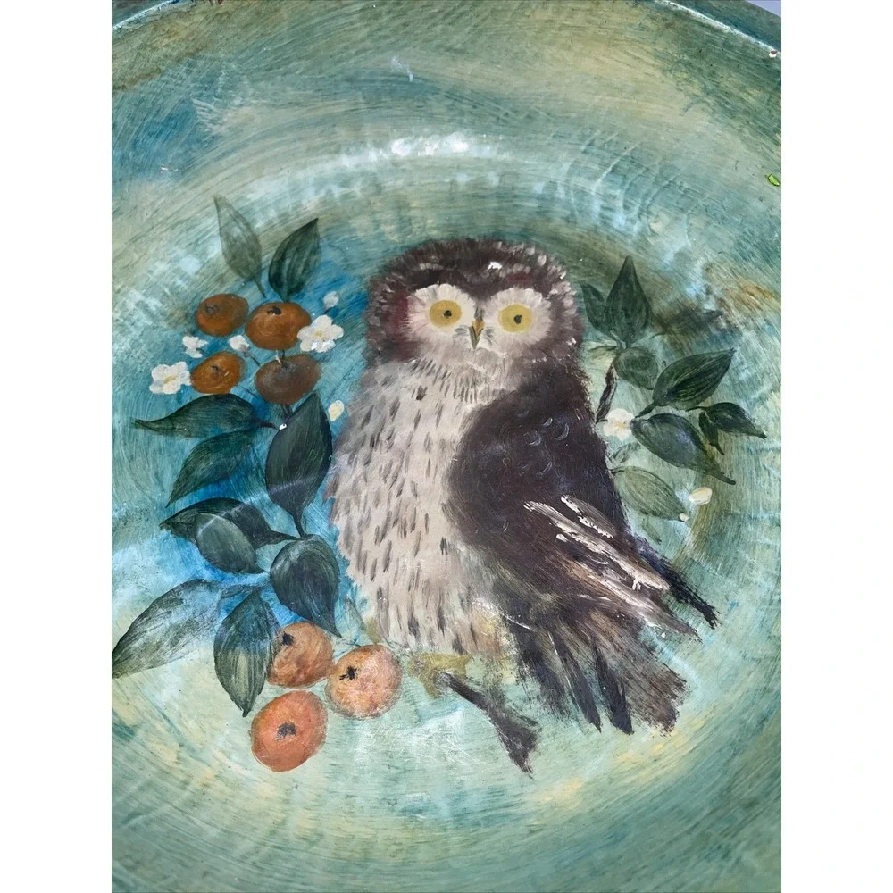 Vintage Mexican Folk Art Painted Carved‎ Wood Bowl Woodland Owl Cottagecore